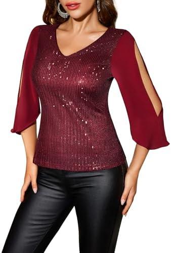 Dressystar Elegant Sequin Tops for Women, V-Neck Long Split Sleeve Blouses for Evening Party, Dressy and Sparkly Bling Shirt, Medium