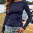 Amoretu Women's Stretchy Boat Neck Ruched Shirt Long Sleeve Going Out Fitted Top (L)