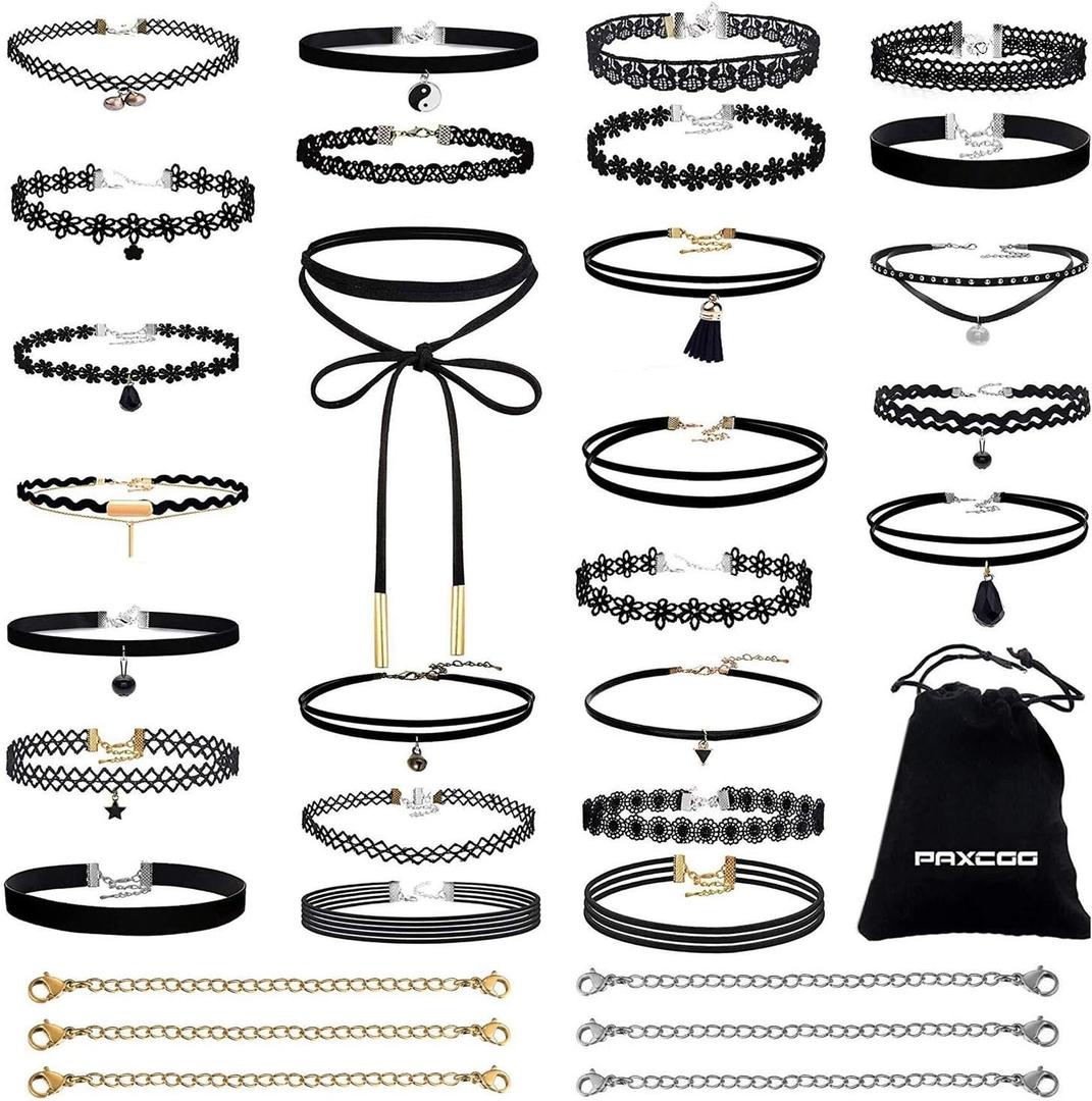 PAXCOO 32 PCS Choker Necklaces Set Including 26 Pcs Black Choker Necklaces and 6 Pcs Extender Chains for Women Ladies
