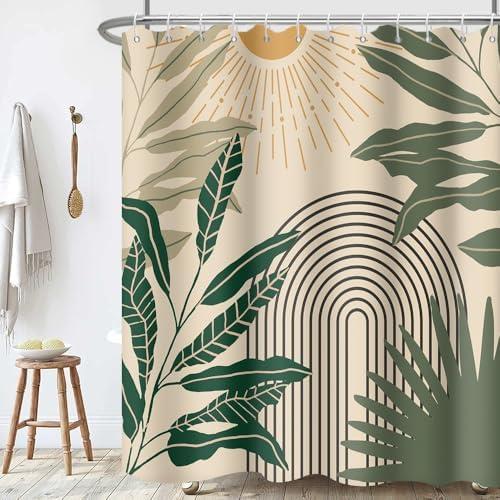 Ruelvth Sage Green Leaves Shower Curtain, Mid Century Boho Sunrise Shower Curtain for Bathroom Waterproof Abstract Arch Bathroom Curtain Set with Hooks, 72x72 Inch