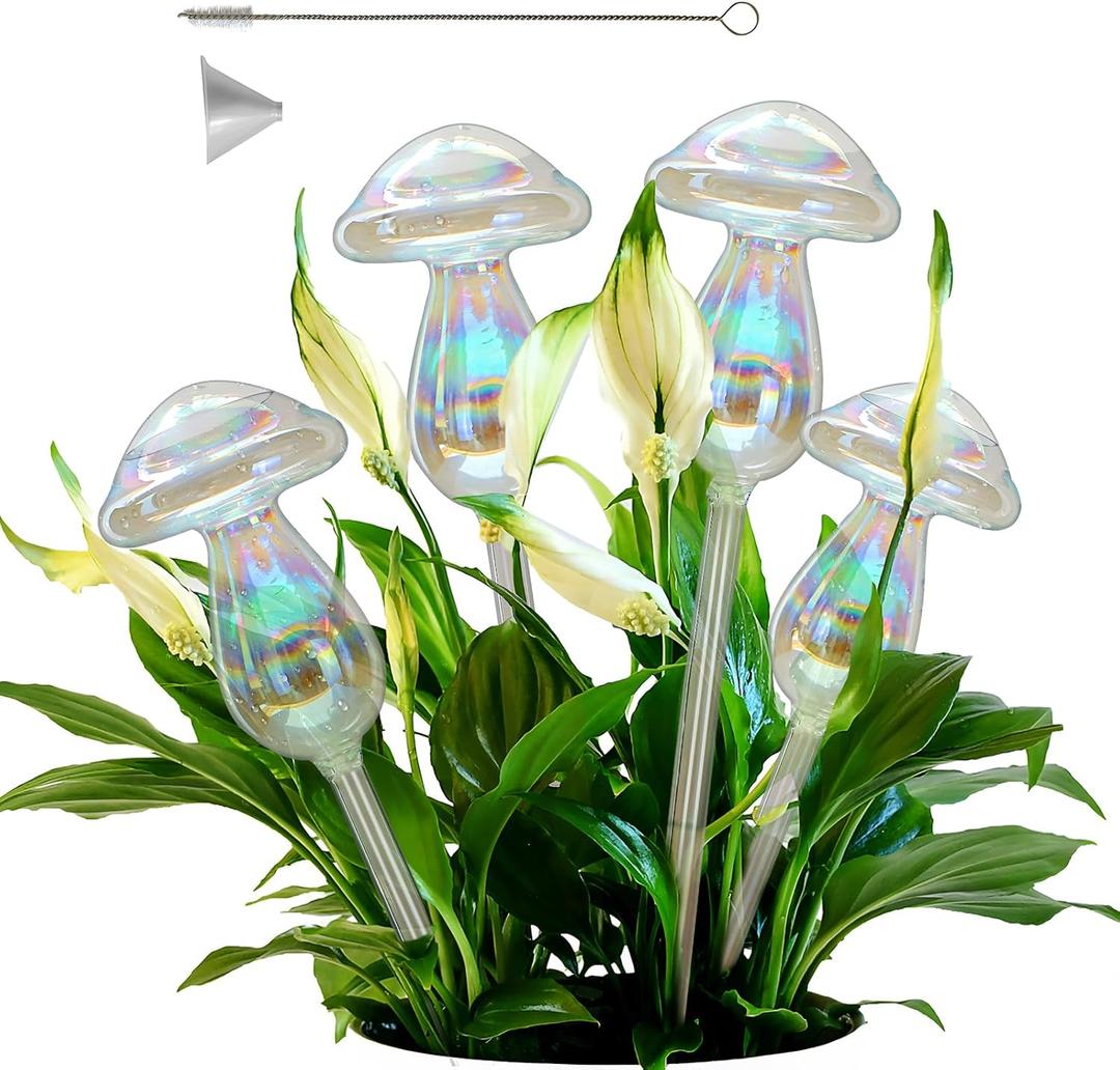 Plant Watering Globes, 4PCS Iridescent Rainbow Gradient Color Clear Glass Mushroom Self Watering Spikes Planter Insert, Automatic Plant Waterer Bulbs Devices for All Plants 9" L  3.5" D