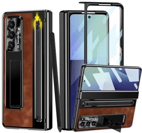 YQODSZ for Samsung Galaxy Z Fold 7 Case with S Pen Holder & Stylus Pen, Full Coverage Retro Leather Phone Case with Kickstand HD Screen Protector Anti-Scratch Protective Cover for Z Fold 7 Brown