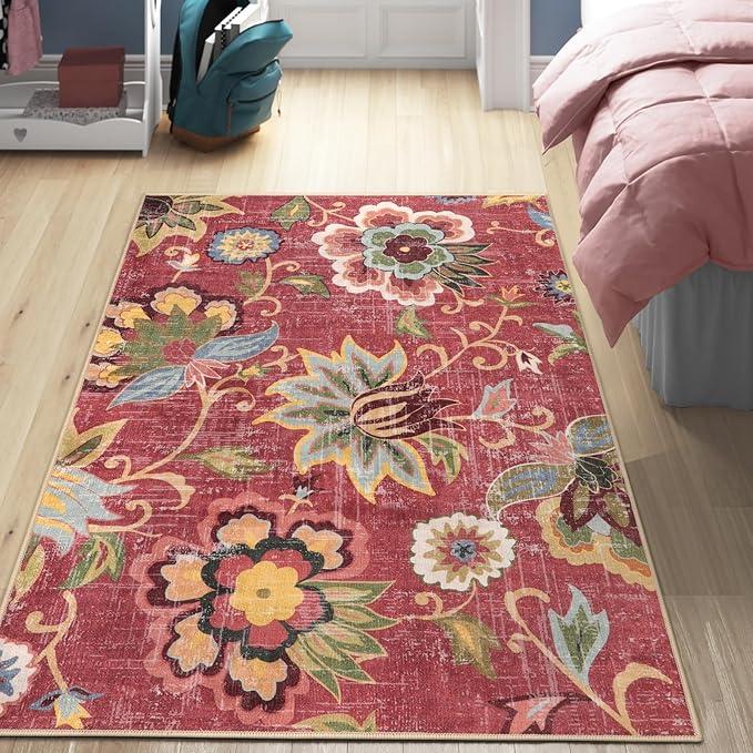 Beeiva Floral 4x6 Rug for Bedroom, Vintage Machine Washable Area Rugs, Ultra Thin Living Room Carpet Lightweight Red Paisley Print Carpet for Bedroom Entryway Bathroom Office Christmas