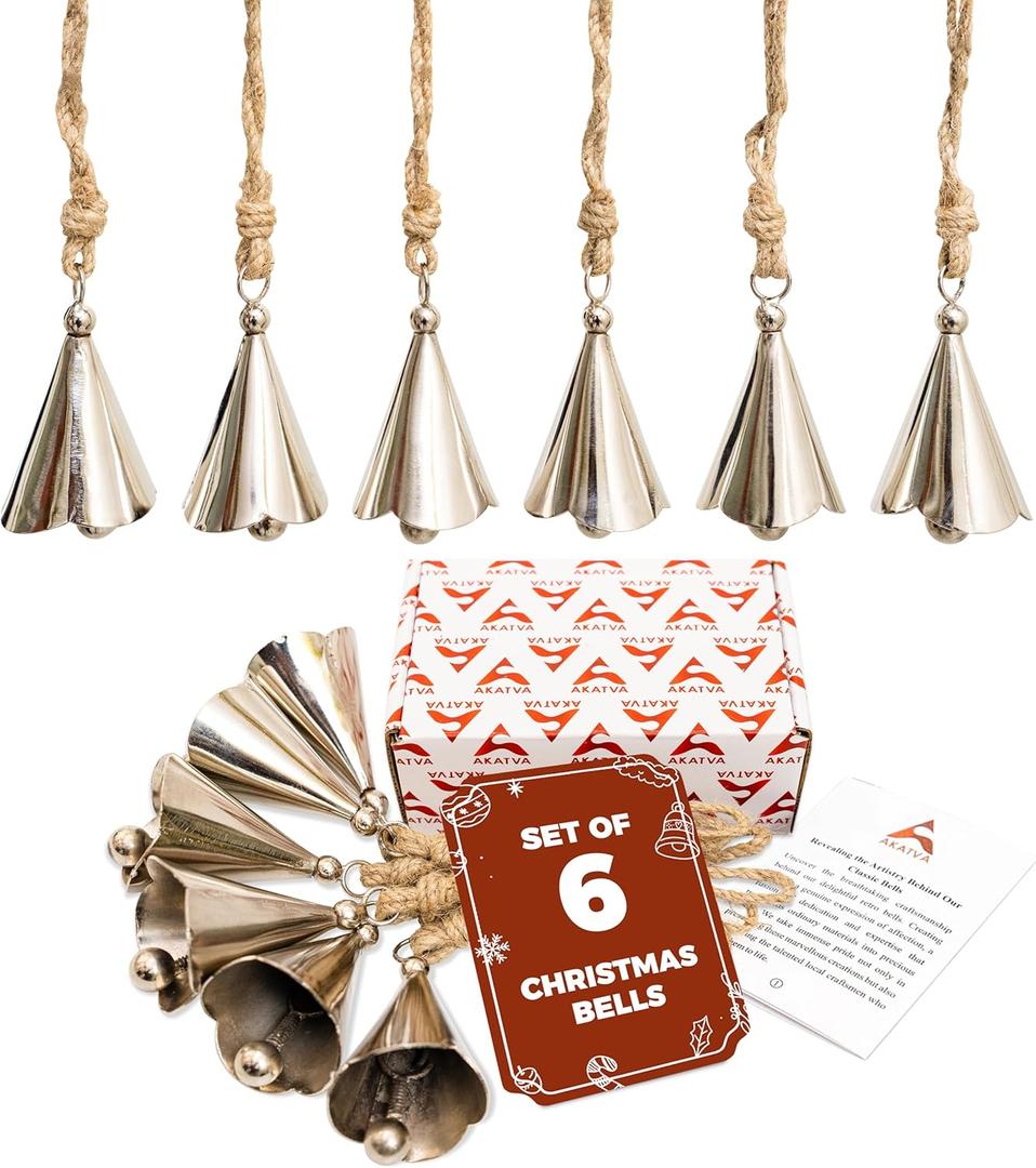 AKATVA Silver Christmas Ornaments Set  Vintage Christmas Decor for Tree  Silver Christmas Bells  Christmas Tree Ornaments for Holiday Season  Rustic Bells Hanging Ornaments  Set of 6 Pieces (6 pcs Cone Shape)
