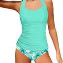 HOTOME Girls Swimsuit Halterneck Tankini for Girls Two Piece Swimsuit Tropical Printed Swim Shorts Ruched Bathing Sais 14-16