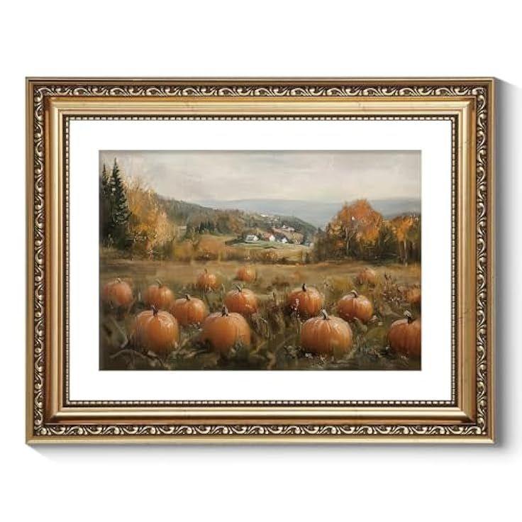 ARPEOTCY Vintage Gold Framed Wall Art Decor, 11x14 Inch Pumpkin Field Picture Artwork, Classical Farmhouse Fall Wall Art for Living Room Bedroom Study, Retro kitchen Autumn Decor Aesthetic