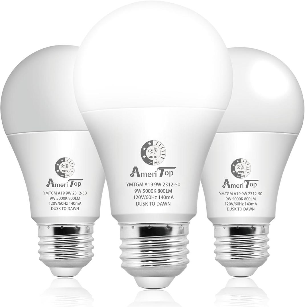 AmeriTop Dusk to Dawn Light Bulb- 3 Pack, A19 LED Sensor Light Bulbs; Automatic On/Off, 800 Lumen, Energy Efficient 9W(60 Watt Equivalent), E26 Base, Indoor/Outdoor Lighting Bulb (5000K Daylight)