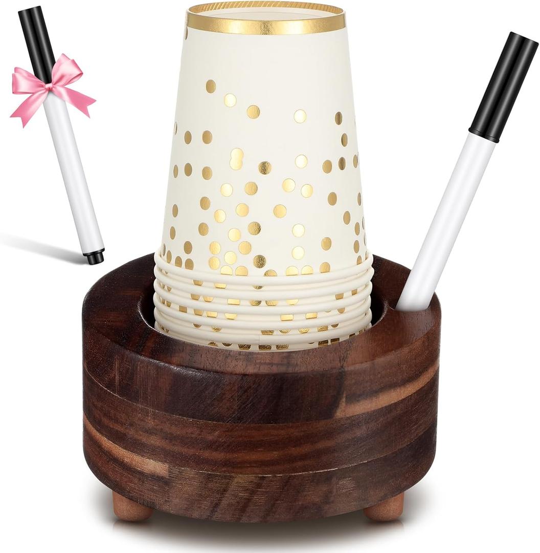 Wooden Cup Holder with Marker Slot Brown Cup Holder Dispenser Disposable Mug Dispenser for Party Decoration Bathroom Kitchen Showers Picnic Housewarming Couples Gift (Rustic Style,5 Inches)