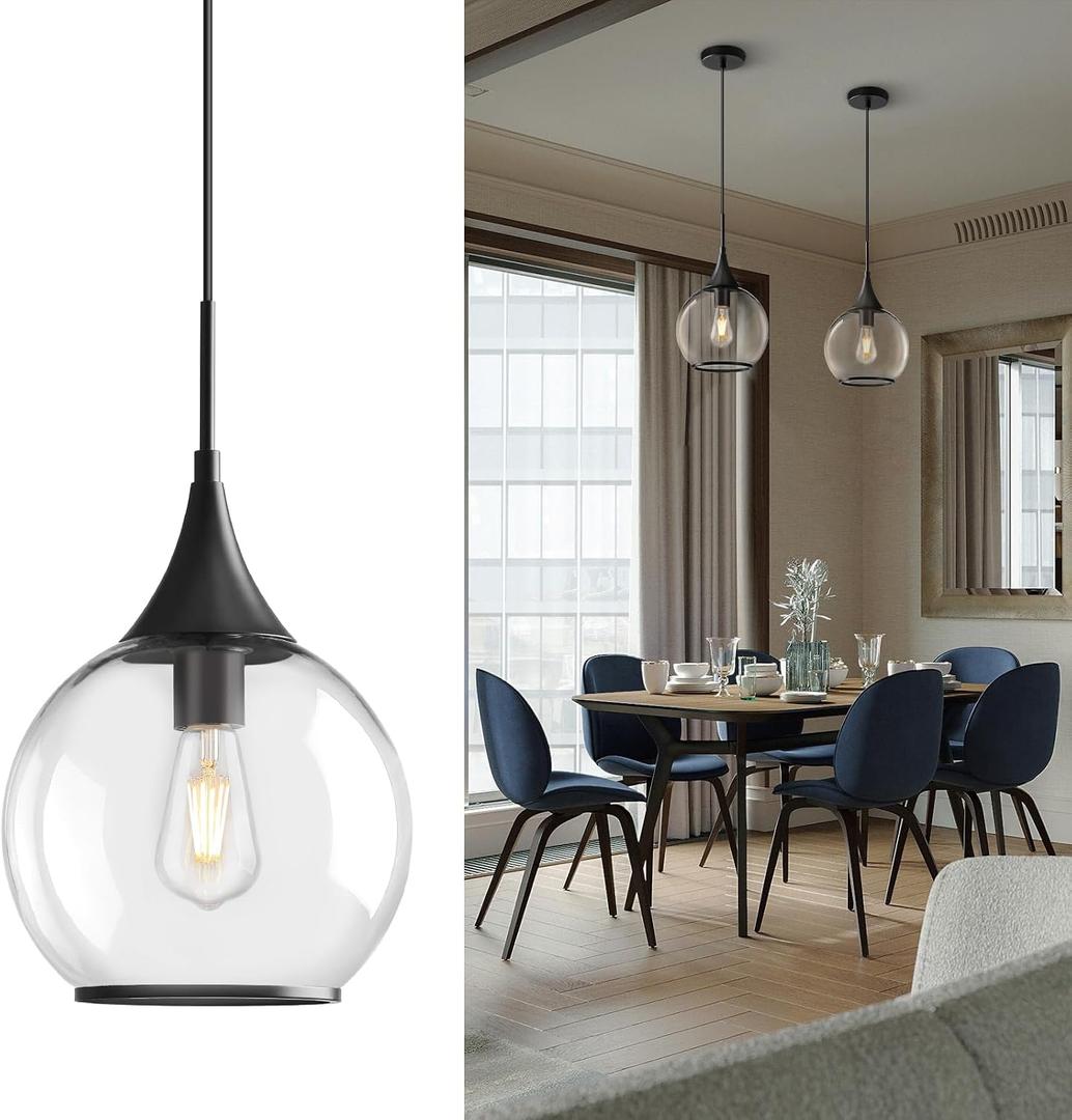 Pendant Lights Kitchen Island: Matte Black Light Fixture Farmhouse with Clear Glass - 10 Inch Mid Century Globe Kitchen Lighting Fixtures Ceiling for Dining Room