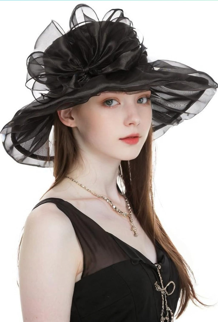 Women's Organza Hat Wide Brim Adjustable Derby Church Sun Hats Dress Bridal Shower Floral Hair Accessory Gift Box