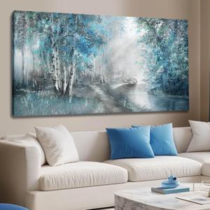 SOUGUAN Forest Wall Art for Living Room Foggy Tree Artwork Sunlight Wall Decor Nature Wall Decorations on Canvas 24"x48" Wall Paintings Ready to Hang (Blue)