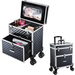 Adazzo Professional Rolling Makeup Case with Drawer for Makeup Artists Cosmetic Train Case Large Storage Case for Nail Technicians Cosmetology Case with Detachable Bag for Hairstylist Black