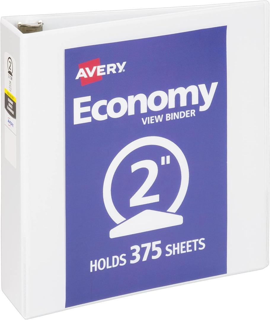 Avery Standard View 3 Ring Binder, 2" Round Rings, 375-Sheet Capacity, 2.8 Inch Wide Spine, 1 White Binder, Ideal for Lightweight Organization and Occasional Referencing (05731)