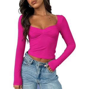 ForeFair Women's Sexy Long Sleeve Going Out Tops Pleated Bustier Shirt Cute Sweetheart Neck Y2K Cropped Top (A Hot Pink)