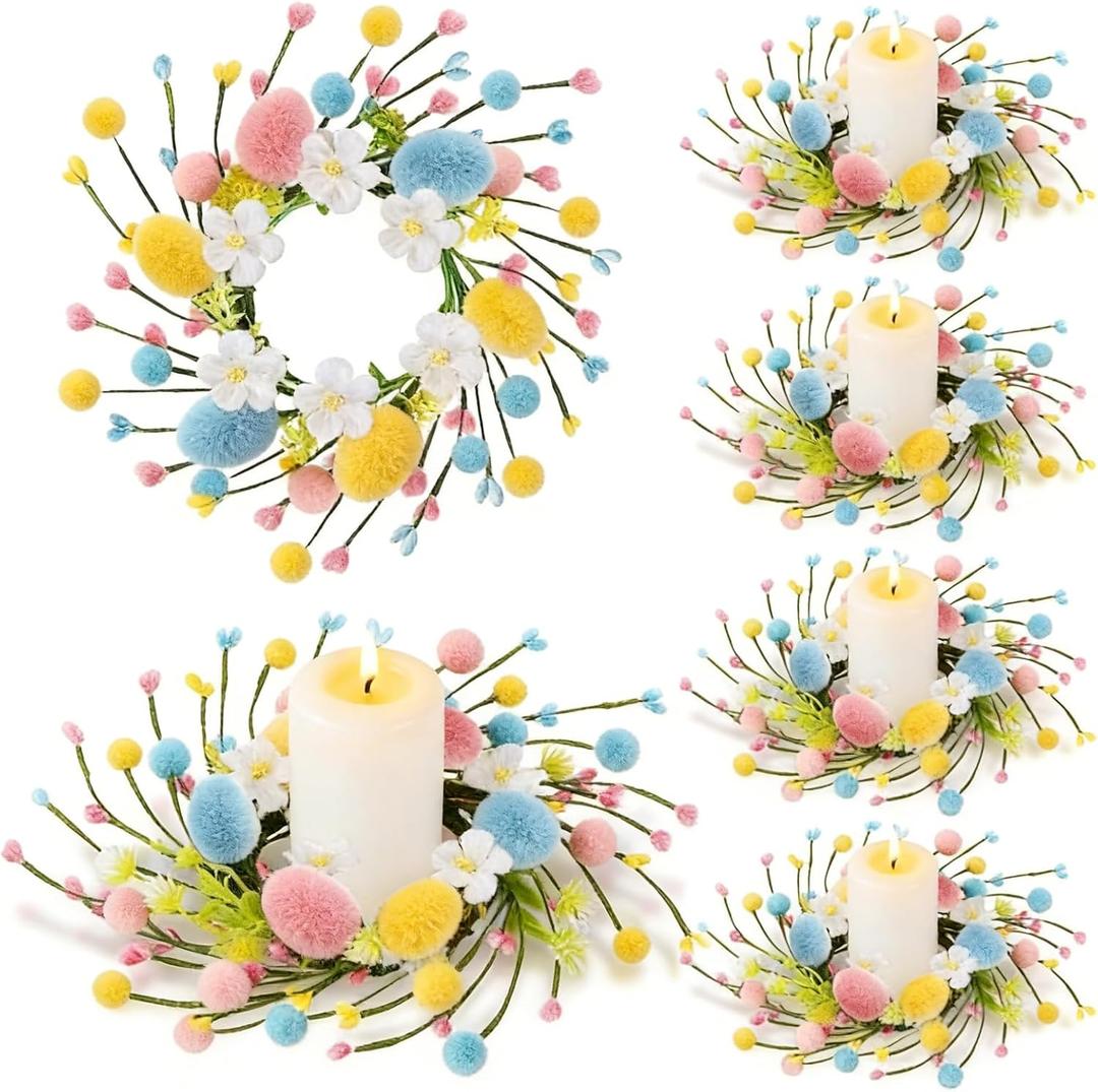 6 PCS Easter Egg Candle Rings Wreaths Artificial Easter Colorful Egg Berry Flower Candle Rings Holder Mini Spring Wreath for Holiday Party Home Kitchen Table Centerpiece Door Wall Window Chair Decor