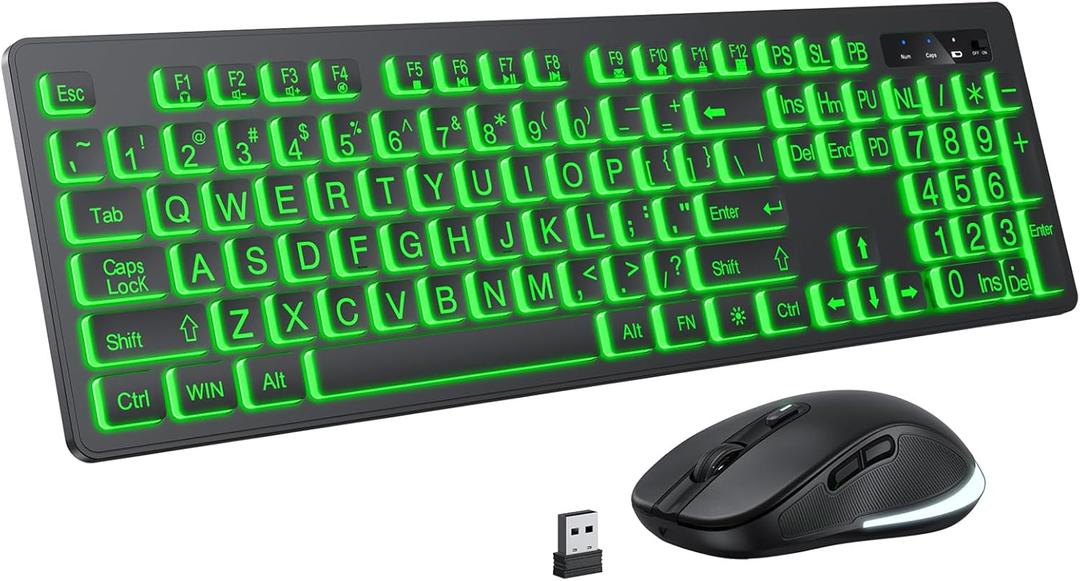 Large Print Wireless Keyboard and Mouse  7 Colors Backlit Keyboard, Oversize Letters Keys Easy to See and Type, Rechargeable Keyboard and Mouse with Light Up Key, Compatible for PC, Windows, Gaming
