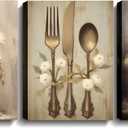 Kitchen Wall Art 3 Pcs Vintage Canvas Fork Knife Spoon Picture Retro White Flower in Pot Painting Print Arkwork for Dining Room Restaurant Home Decor Framed(Art-4,11.00"x14.00"x3P)