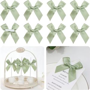 Pre-Tied Self Adhesive Sage Green Satin Ribbon Bows for Crafts 3" Small Green Bow Decor for Coquette Birthday Party Decorations, Wedding, Gift Wrapping, Balloon, Baby Shower (50 Pack)