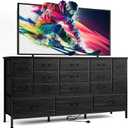 Fixwal 63.3 Inch TV Stand for 65 55 Inch TV Long Black Dresser for Bedroom, 16 Drawer Dresser with Power Outlets, Fabric Chest of Drawers for Bedroom, Entryway, Black