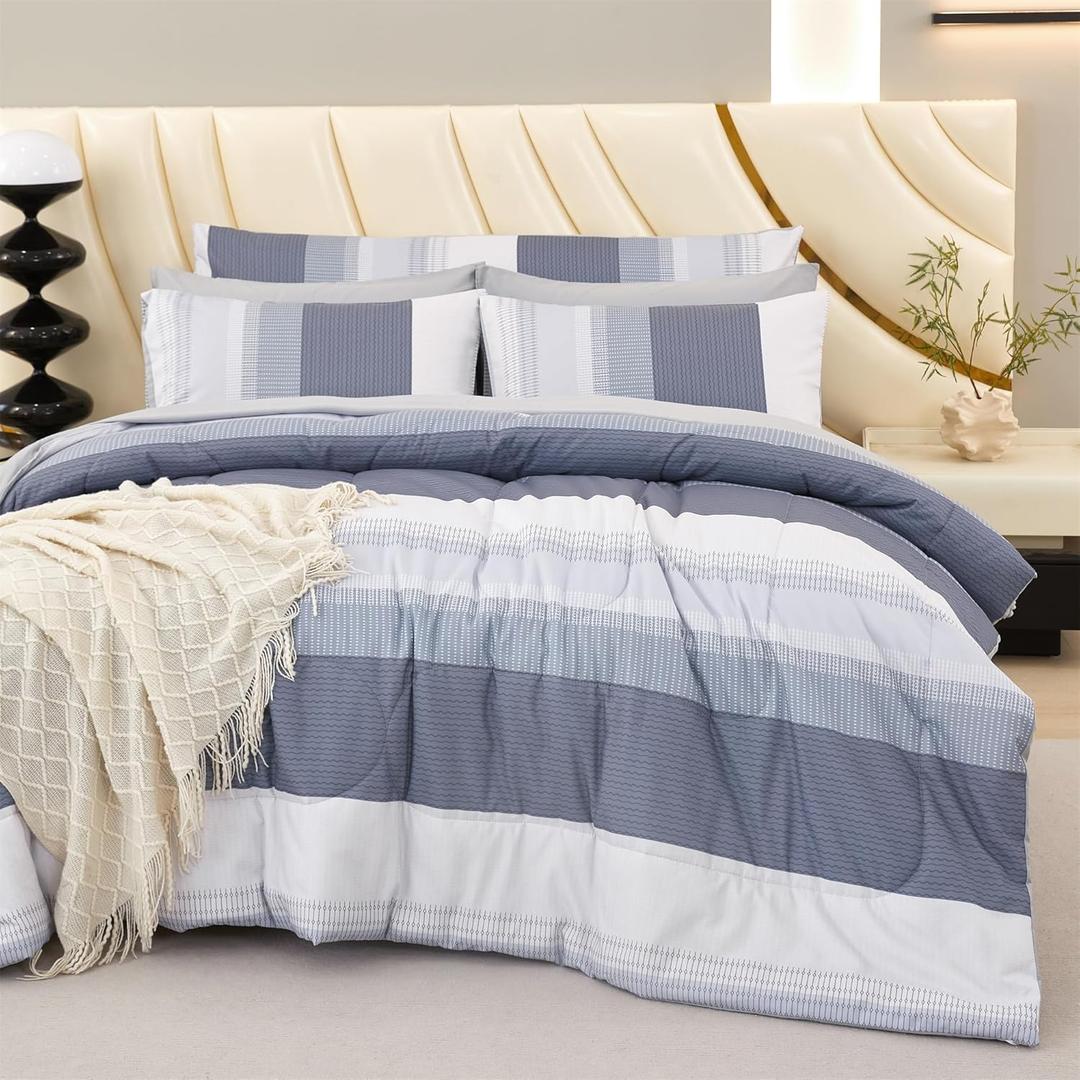 RYNGHIPY Queen Size Bed Sets 8 Pieces: Light Grey Stripe Bedding Comforter Sets Soft Fluffy Microfiber Bed in A Bag All Season Bedding Set (Queen,Light Grey)