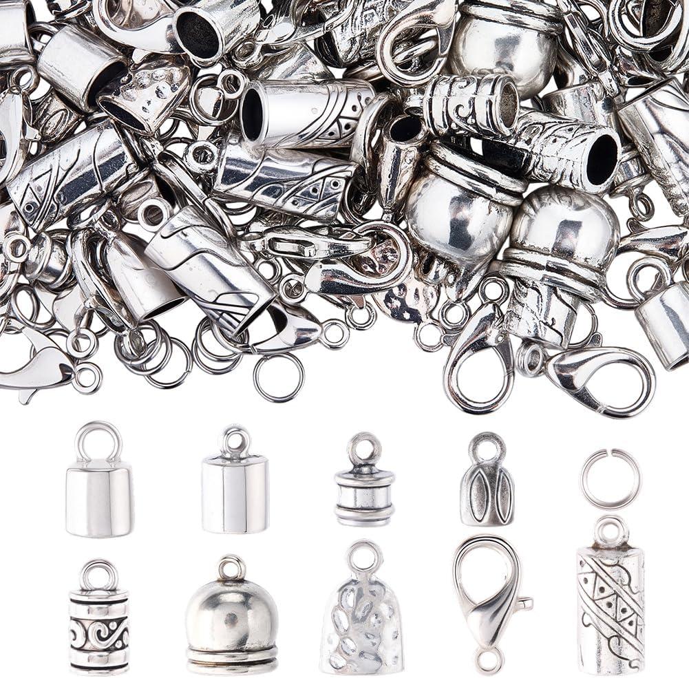 SUNNYCLUE 1 Box 230pcs Tassel Cord End Caps Kumihimo Cord Ends Antique Silver Tibetan Crimp Glue in Barrel Leather Thread End Terminator Tips with Lobster Clasp for Jewelry Making Kits Bracelets DIY