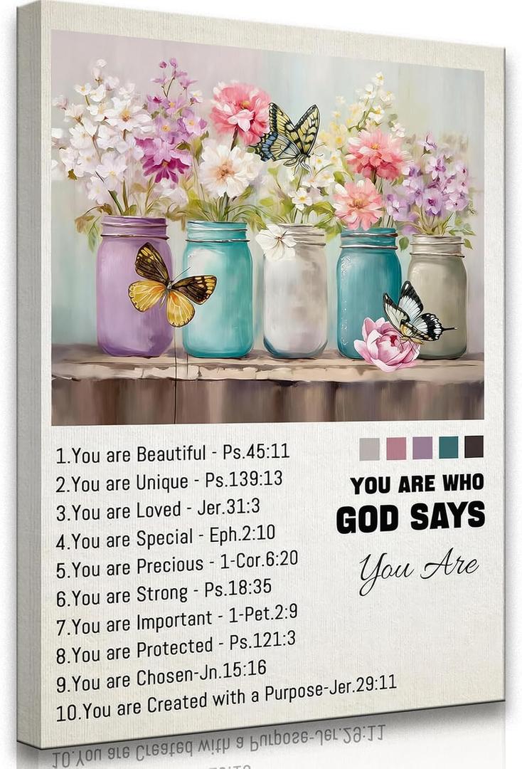Christian Flowers Wall Art Inspirational Bible Verses Canvas Wall Decor God Says You Are Canvas Poster Prints Religious Pictures for Home Office Dining Bathroom Framed 16x24 Inch