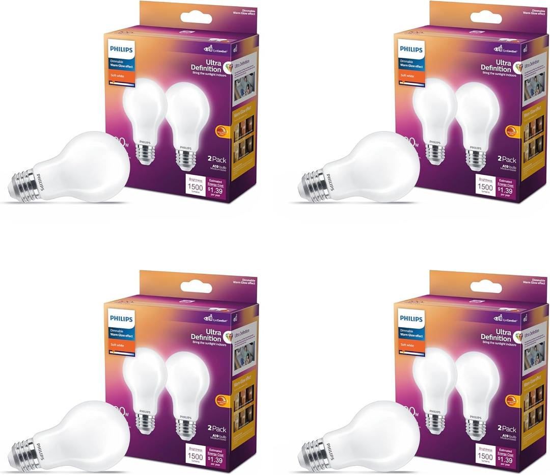 Philips LED 100W A19 8-Pack Ultra Definition (2700K) 1500 Lumen (11.5W = 100W) Dimmable Frosted Flicker-Free Light Bulbs