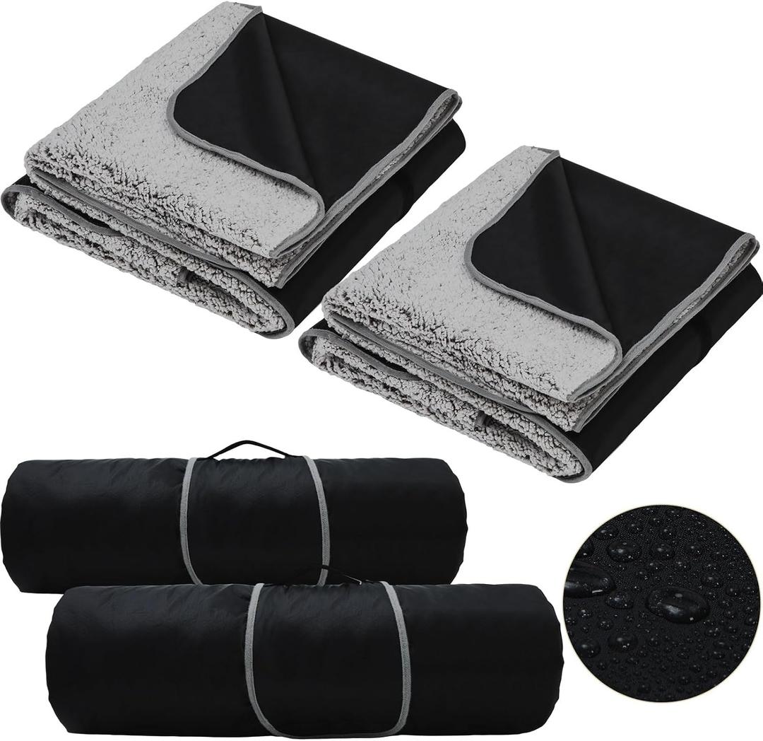 Tranqun 2 Pcs Large Waterproof Outdoor Blanket with Sherpa Lining 59'' x 79'' Windproof Triple Layers Warm Foldable Blanket for Winter Camping Stadium Beach Picnic Grass Outdoor Car Washable (Black)