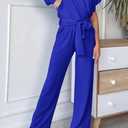 PRETTYGARDEN Women's One Piece Jumpsuits Dressy Casual Summer Short Sleeve Wrap V Neck Wide Leg Pants Romper Spring Clothes (Blue, M)