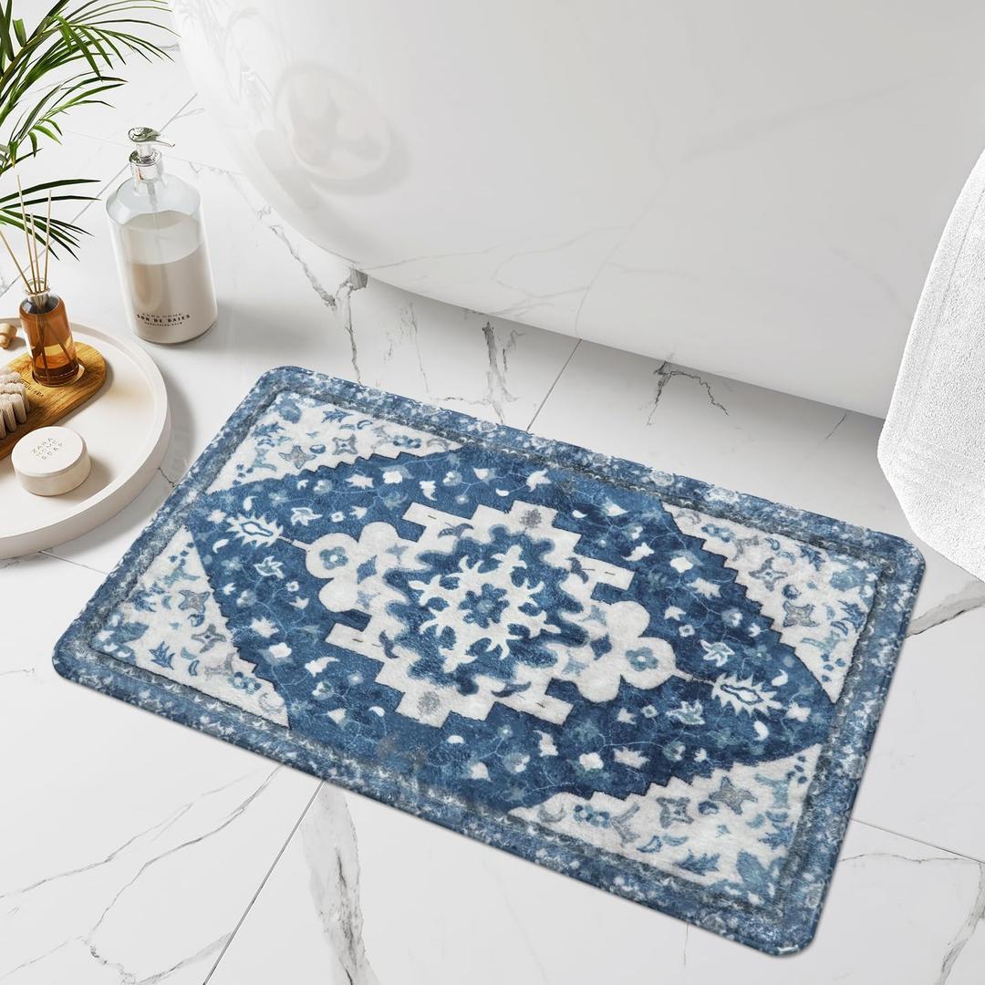 Uphome Boho Bathroom Rugs Blue Vintage Non-Slip Bath Rug Oriental Soft Machine Washable Bathroom Mat Cute Tribal Floral Bath Mats for Bathroom Decor for Sink Shower Toilet, 20x31 inch
