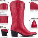 Women's Cowboy Boots Pointed Toe Western Boots Embroidered Mid-Calf Chunky Block Heel Cowgirl Boots (Red)