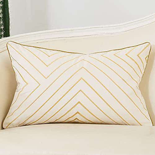 Avigers 12 x 20 Inch White Gold Striped Geometric Lines Embroidery Velvet Cushion Case Luxury Modern Lumbar Throw Pillow Cover Decorative Pillow for Couch Living Room Bedroom Car 30 x 50cm