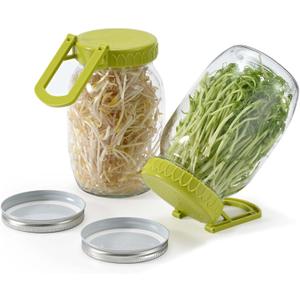 Complete Sprouting Kit - 1 Large Wide-Mouth Mason Jars 32 Oz, 2 Foldalbe Screen Lids with Draining Stand, 1 Metal Canning Lids, Bean Sprouts Grow Kit for Broccoli alfalfa