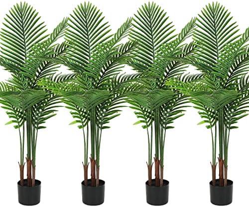 Jexine 4 Pack Artificial Palm Trees 4Ft, Fake Plants Fake Trees Artificial Areca Palm Plants for Outdoor Indoor Faux Tree in Pot for Pool Home Decor Office Housewarming Gift Modern Decoration
