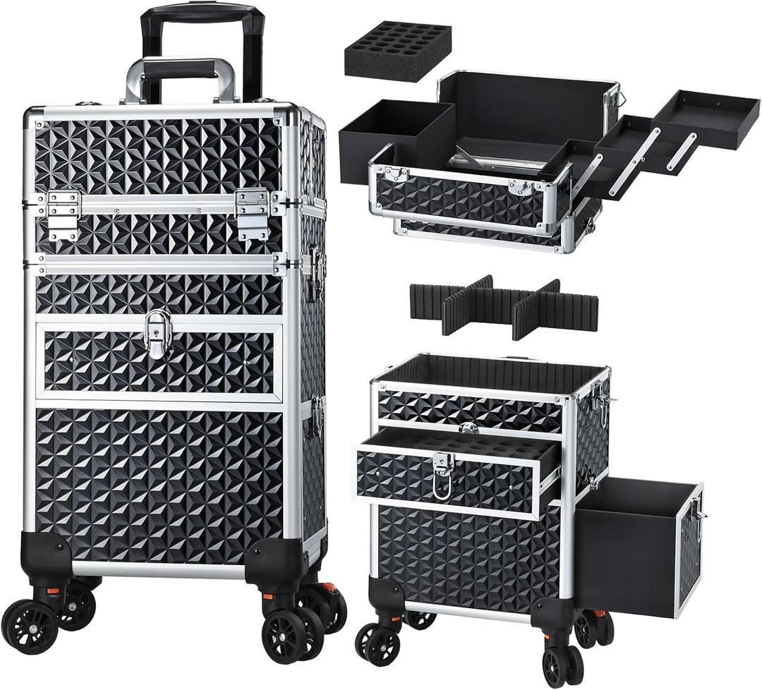 Joligrace Rolling Makeup Case with Wheels & Drawers Large Professional Cosmetology Trolley Case Lockable Travel Cosmetic Storage Train Cases for Nail Technicians, Makeup Artist and Hairstylist (Black)