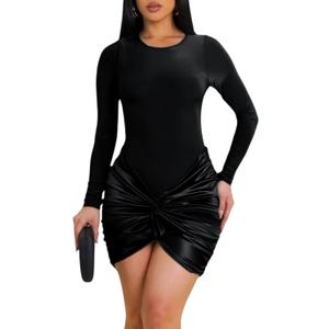 Ekaliy Women's Sexy Long Sleeve Mini Dress Elegant Crew Neck Twist Waist Ruched Bodycon Cocktail Party Short Dresses (Black, S)