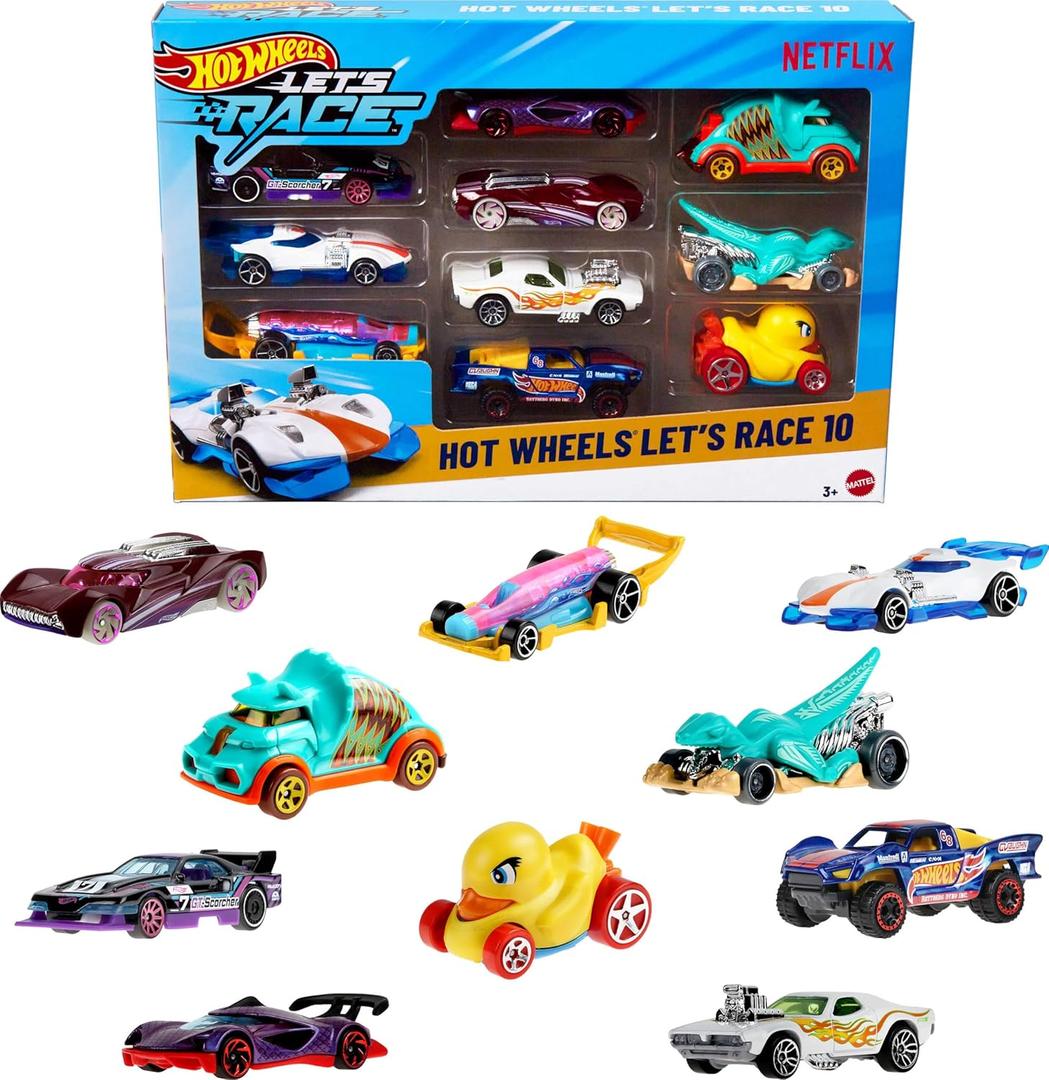 Hot Wheels Toy Cars & Trucks, Lets Race 10-Pack, Set of 10 1:64 Scale Vehicles from The Animated Netflix Show for Play or Display