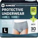 SUNKISS Super Soft Incontinence Underwear for Men, Daytime Disposable Adult Pull Ups, Mens Protective Diapers with Maximum Absorbency, Large, Grey, 30 Count