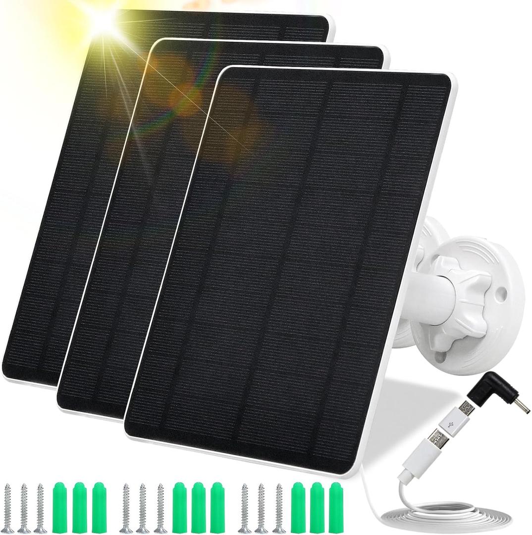 Solar Panel for Security Camera,5W USB Solar Panel for Cameras DC 5V,Camera Solar Panel Charger Micro USB & USB-C & DC,IP65 Waterproof USB Solar Panel Charger for Camera with 360Adjustable Mounting