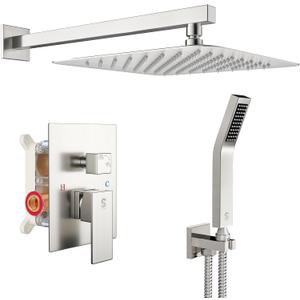 SR SUN RISE 12 Inches Bathroom Luxury Rain Mixer Shower Combo Set Wall Mounted Rainfall Shower Head System Brushed Nickel Finish Shower Faucet Rough-In