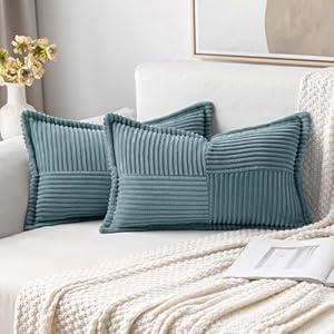 MIULEE Corduroy Pillow Covers with Splicing Set of 2 Super Soft Boho Striped Pillow Covers Broadside Decorative Spring Throw Pillows for Couch Cushion Livingroom 12x20 inch,(20" x 12" (Pack of 2), Blue) 