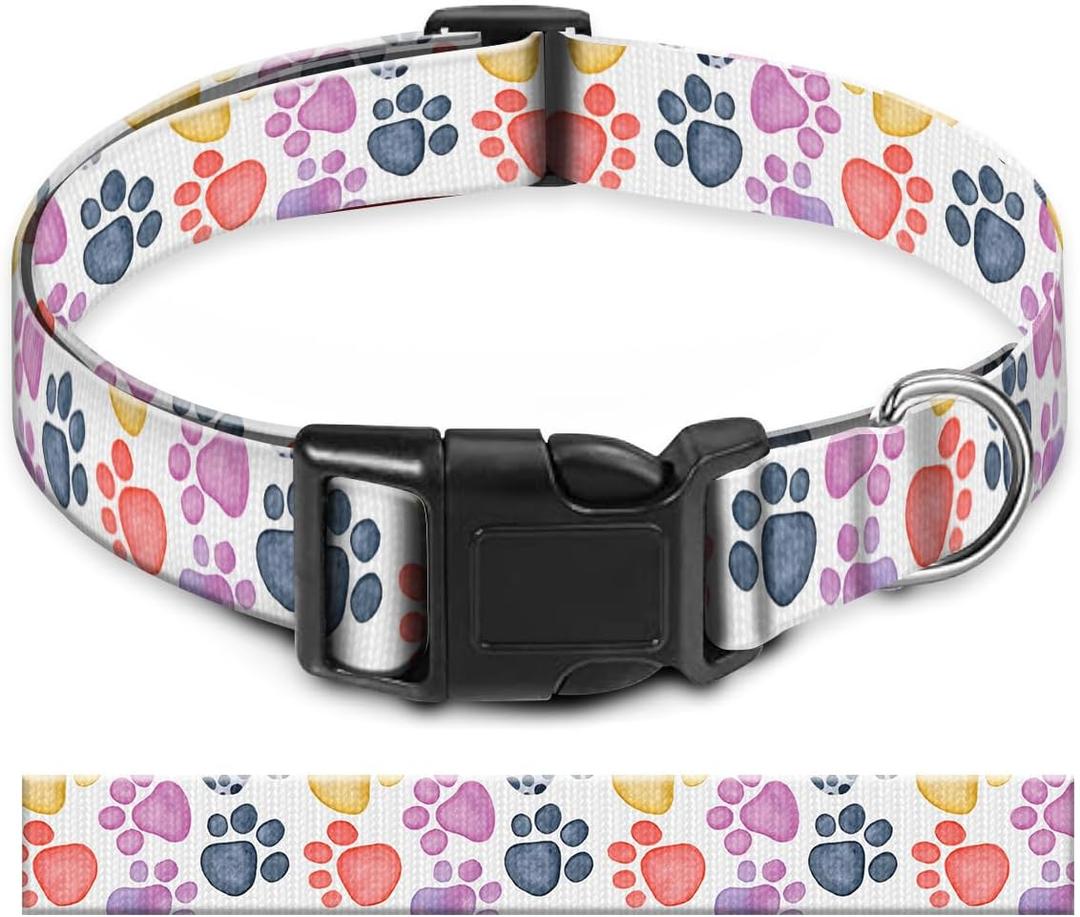 Dog Collar, Cute Pet Collar Adjustable for Large Dogs, Soft Dog Collars with Quick Release Buckle for Walking Running Colorful Dog Paws