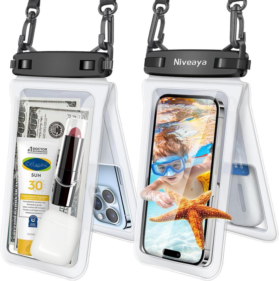 Niveaya Double Space Waterproof Phone Pouch - 2 Pack, Waterproof Phone Lanyard Case with iPhone 17/16/15/14/13 Pro Max up to 8.3", Phone Dry Bags for Vacation Beach Pool Kayak Cruise Travel Essentials (Clear+ Clear)