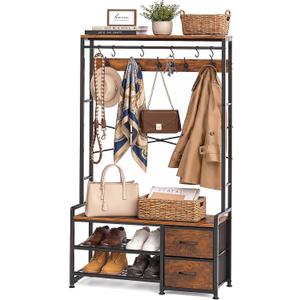 Faesun Hall Tree with Bench and Shoe Storage, Rustic Brown | 5-in-1 Coat Rack, 31.5" Entryway Bench with 2 Fabric Drawers, Mudroom Bench with Storage and Hooks for Entryway, for Mudroom