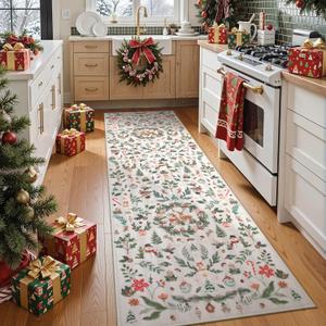 Lahome Christmas Runner Rug for Hallway 2'6" x 8', Non Slip Washable Long Kitchen Carpet Runner, Low Pile Soft Xmas Reindeer Runner for Entryway Bathroom Holiday Decor, Beige