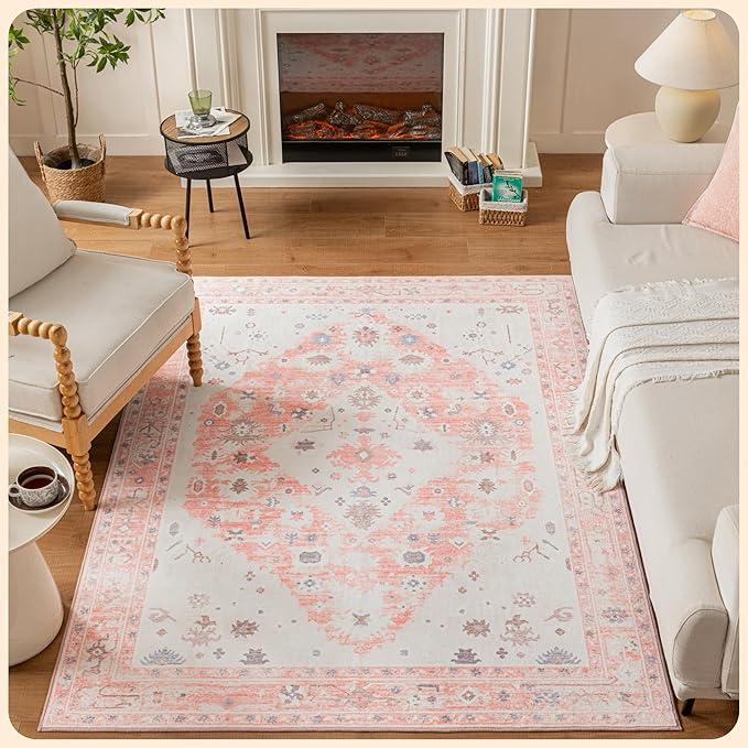 Istana 8x10 Area Rug - Pink Boho Rugs for Living Room 8x10 - Foldable Small Rugs for Bedroom - Stain Resistant Washable Rug Non Slip - Eco-Friendly Area Rugs Indoor Palace Medallion