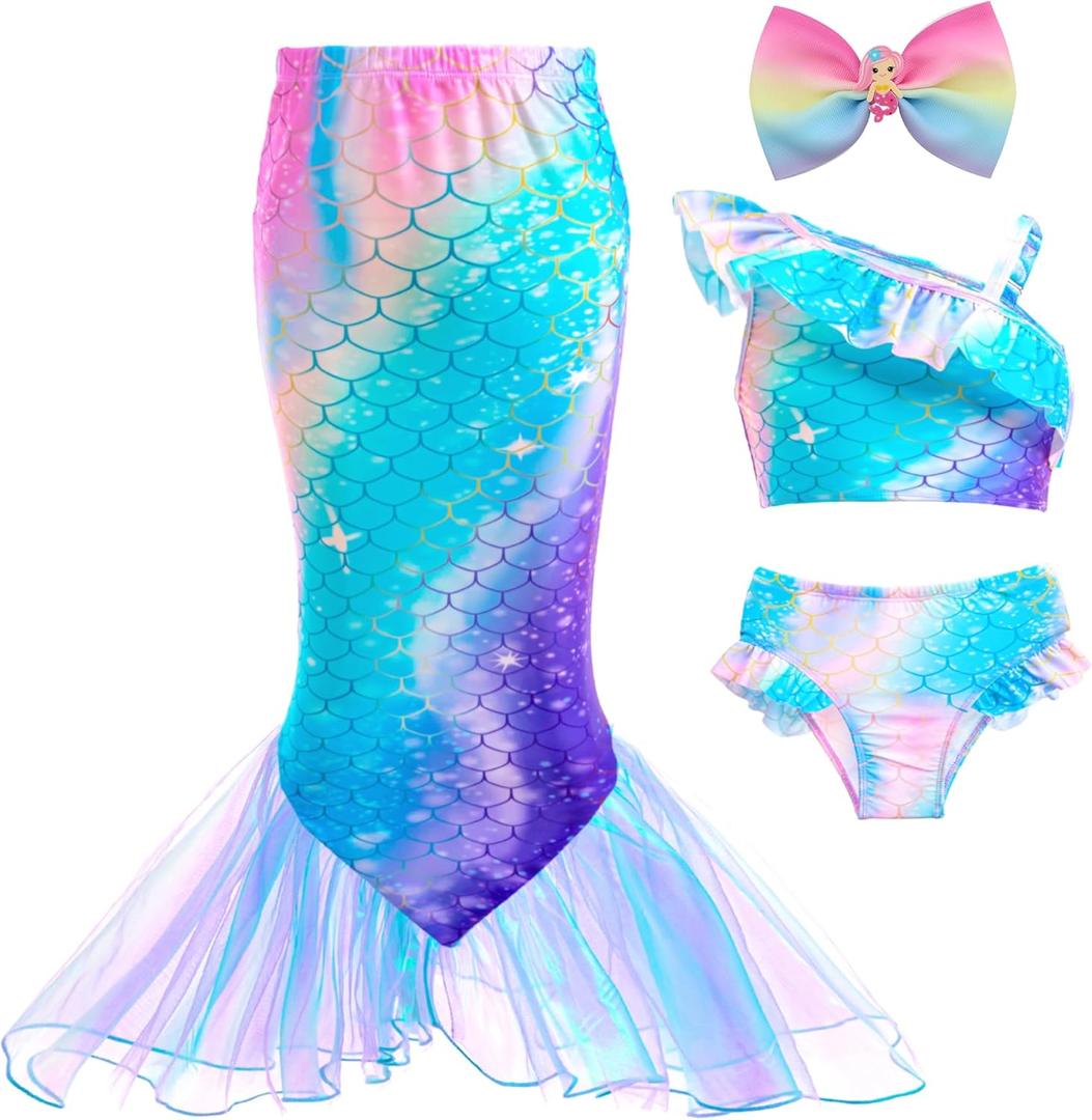 GALLDEALS Girls Swimsuit 3 Piece Bathing Suits Flounce Ruffle Tankini Set Beach Swimwear with Cover Ups Skirt for 3-10 Years (5-6 Years, Blue)