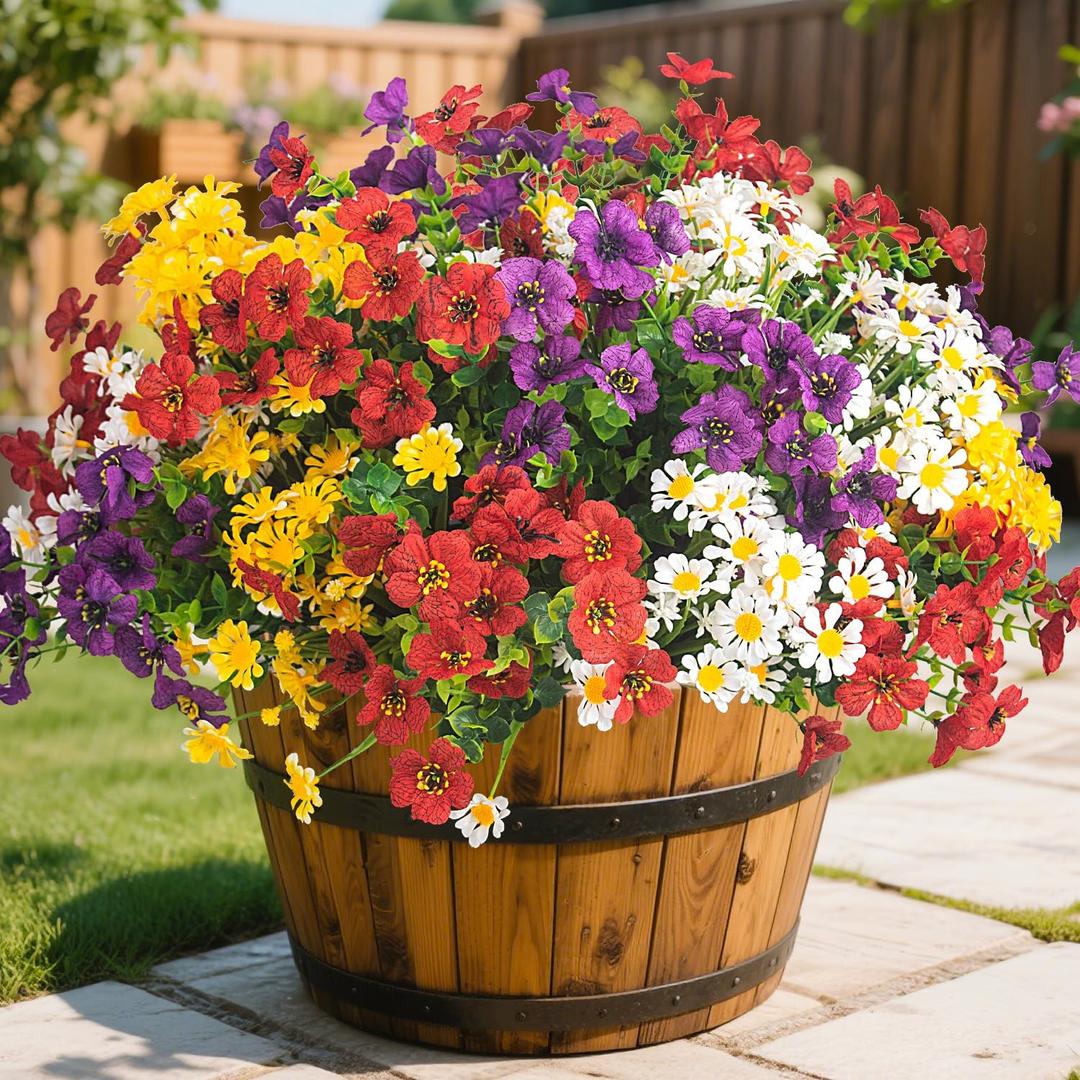 AITISOR Outdoor Artificial Flowers, 16 Bundles UV Resistant Realistic Faux Plastic Plants with Colorful Daisies for Porch, Patio, Yard, Garden, Spring Home Decor (Window Box & Planters) (Mix)