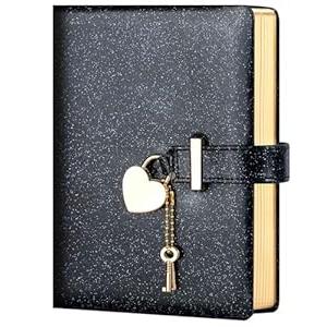 CAGIE Diary with Lock and Key for Girls Ages 8-12 Journal with Lock 296 Gold Edged Pages Heart-Shaped Locked Journal for Women Teen Girls with Gift Box, 5.3 x 7 Inch, Black
