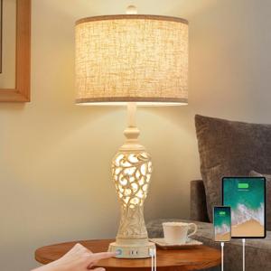 26" Single Farmhouse Table Lamp - 2 USB A+C 3-Way Dimmable Touch Lamps with Nightlight for Living Room Bedroom Lamp Bedside Nightstand Lamps (Beige White-Single)